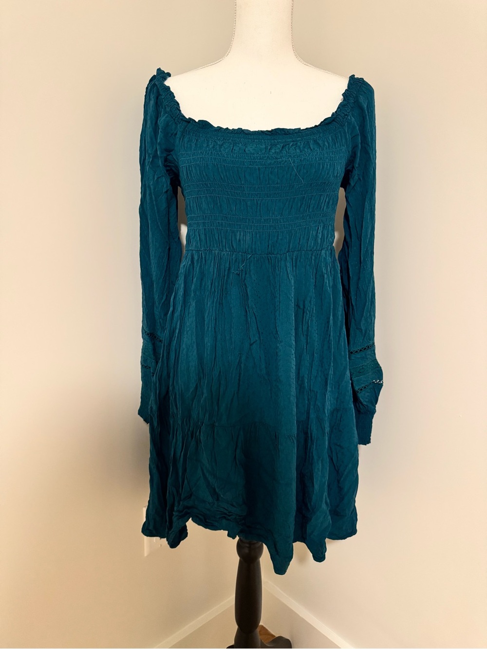 Oak & Trellis Teal Smocked Boho Fall Dress XL Long Sleeve